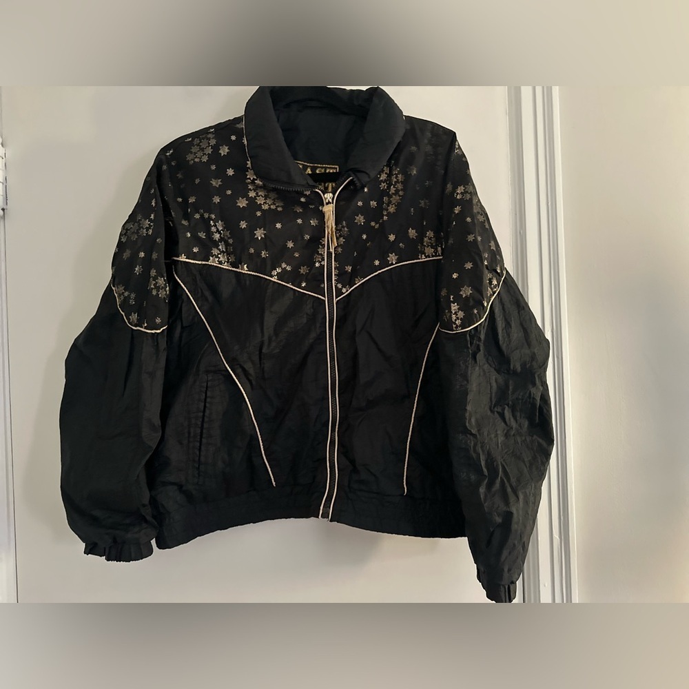East West 80’s SzM Black & Gold Glitter Star Patterned Zip-Up Windbreaker Jacket